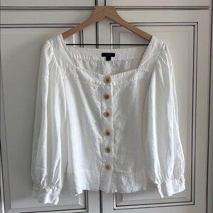 J Crew Linen 3/4 Puff Sleeve White Button Top Blouse Women’s Size Large